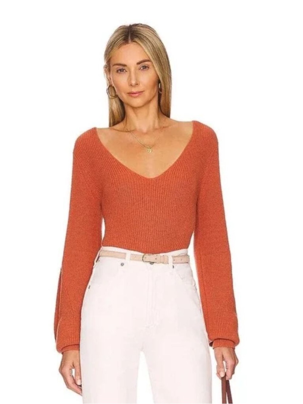 A.L.C. Kimby Burnt Terracotta Orange Ribbed Knit Balloon Sleeve Sweater Small